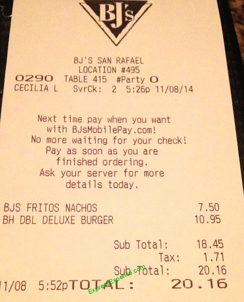 Receipt Bj S Restaurant Brewhouse San Rafael Yelp