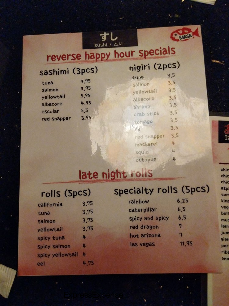 Reverse Happy Hour Menu